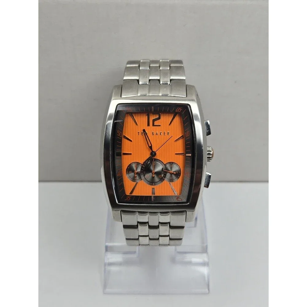 Ted Baker Mens Orange Dial Chronograph 39mm Watch Stainless Steel New Battery